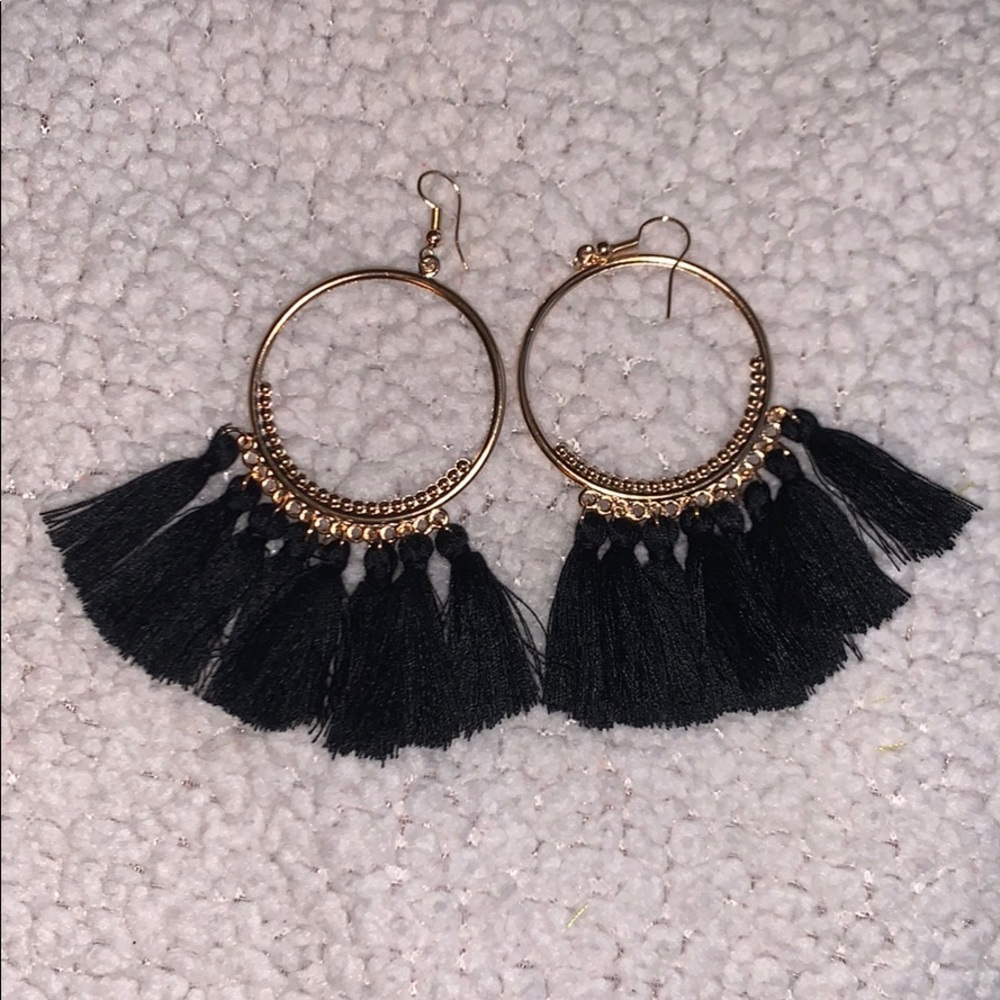 Black tassel hoop earrings